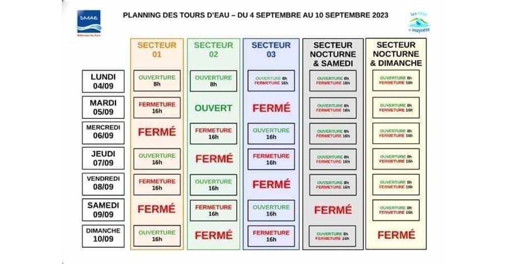 Planning des tours d'eau du 04 Septembre au 10 Septembre 2023 - Les Eaux de Mayotte sur Facebook