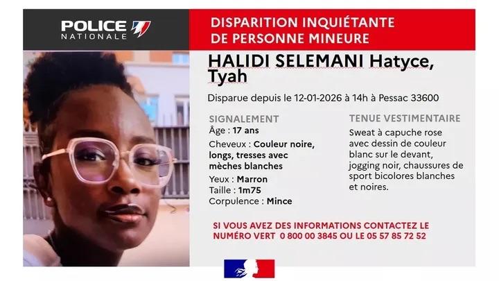 Diffusion d’un message de la Police Nationale pour « disparition inquiétante » concernant Hatyce Halidi Selemani. Credit – Police Nationale